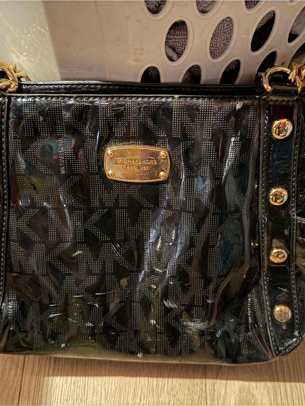 Michael Kors Black Patent Shoulder Bag with Gold Plaque